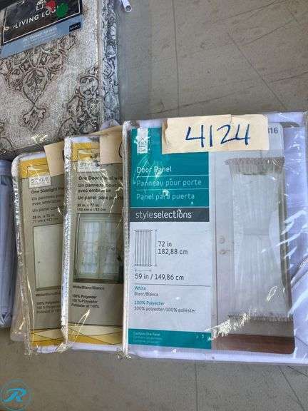 (10) New- Assorted Home Supply Includes (2) curtain panels 50"  x 95"  Charcoal Color Blackout  (3) Curtains Panel 50" x 84" Pattern Design (see photo) (2) Black out Liner Panels 54" x 80" (2) Door Panels  color 59" x 72" (1) Side light door panel 28" x 72" - Roller Auctions