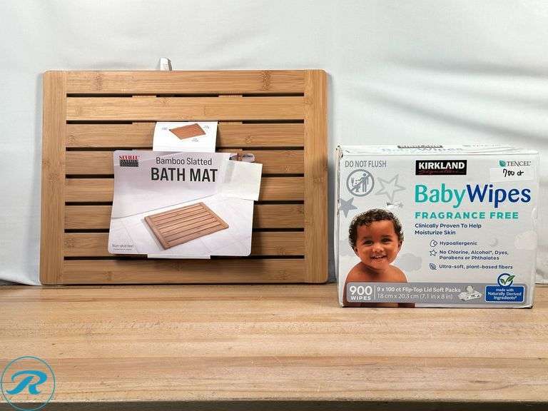 Seville: Bamboo Bath Mat- New; Kirkland Signature: Baby Wipes Fragrance Free, 700ct- Like New