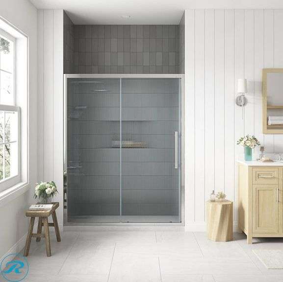 (1) New- OVE Decors Venice Chrome 55-in to 60-in W x 73.23-in H Framed Fluted Glass Sliding Shower door