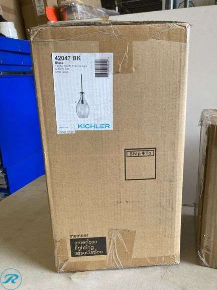 (2) New- (1) Kichler Everly 1 -Light Black Modern/contemporary Clear glass Bell Small Hanging Pendant light (1) Kichler Greenbrier 23.75-in 3 -Light Black Transitional Vanity light - Roller Auctions