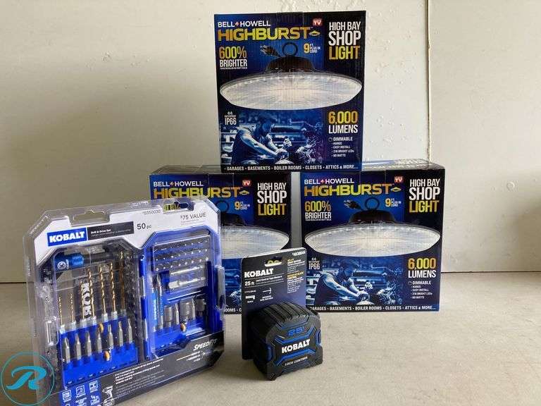 (5) New- Assorted tools and lightening supplies including high bay led shop led, drill bit sets and tape measure (see photos) - Roller Auctions