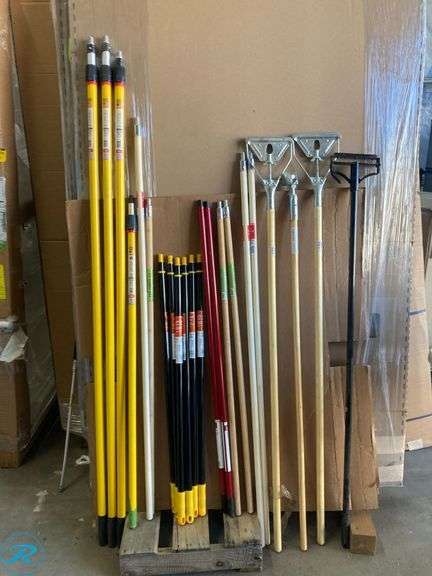 (22) New- Assorted Extension Poles Some are wood and some metal includes mop extension pole with holder - Roller Auctions