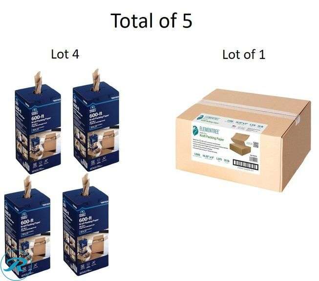 (5) New- (4) Project Source 12-in x 600-ft Packing paper (1) Elementree 1500 -Pack 11-in x 14-in Packing paper - Roller Auctions