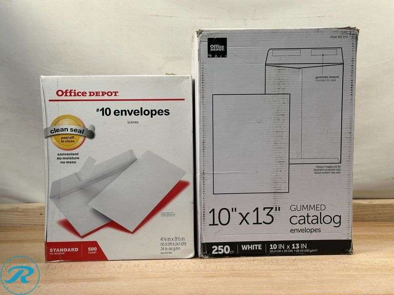 Office Depot® Brand: Envelopes, 4-1/8" x 9-1/2", Clean Seal, White, Box Of 500- New; Office Depot® Brand :10" x 13" Catalog Envelopes, Gummed Seal, White, Box Of 250- New - Roller Auctions