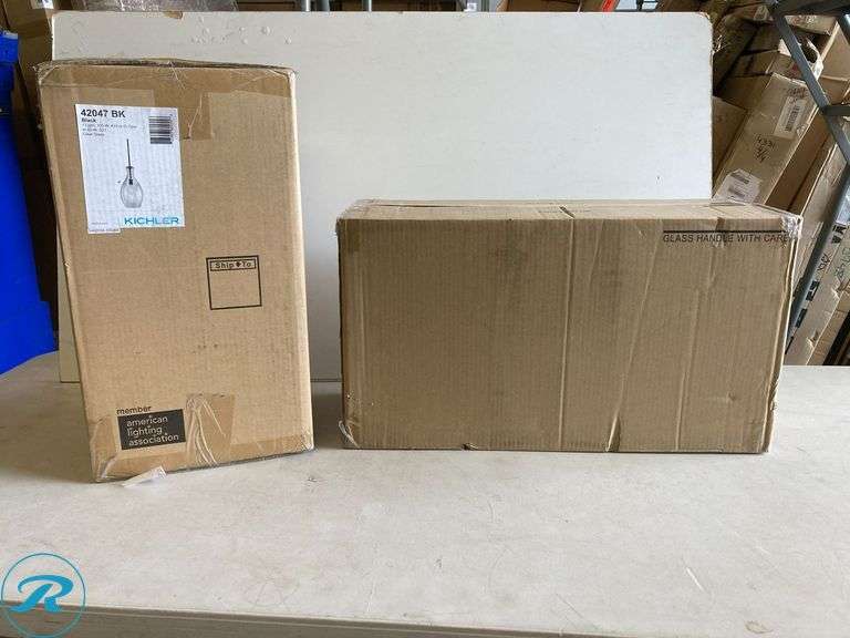 (2) New- (1) Kichler Everly 1 -Light Black Modern/contemporary Clear glass Bell Small Hanging Pendant light (1) Kichler Greenbrier 23.75-in 3 -Light Black Transitional Vanity light - Roller Auctions