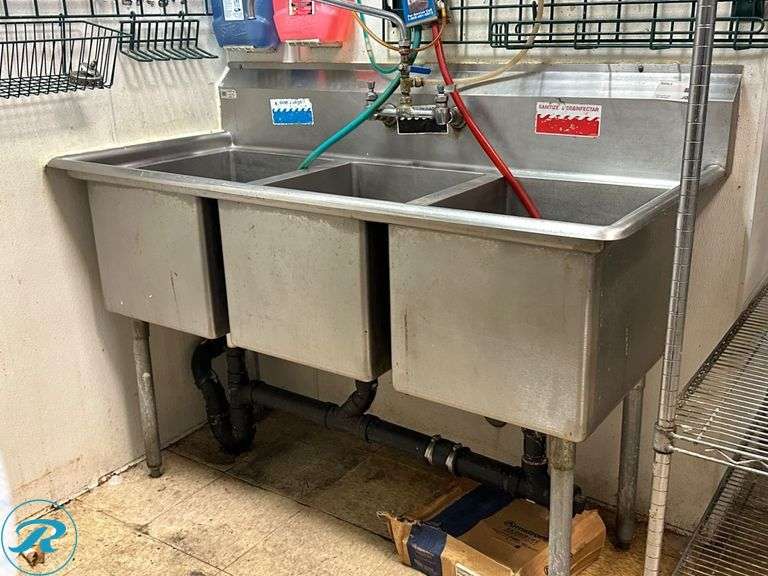 3-Compartment Stainless Steel Commercial Sink With Faucet and Drain Connections, 56″x26″