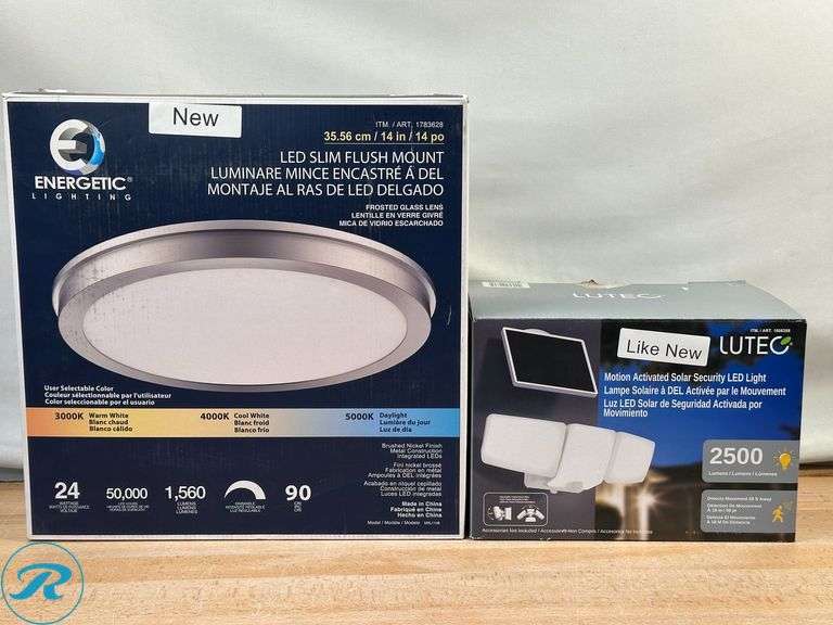 Energetic: 14” Slim LED Flush Mount Light Fixture- New/ Missing Mounting Hardware; Lutec Motion Activated Solar Security Light- Like New - Roller Auctions