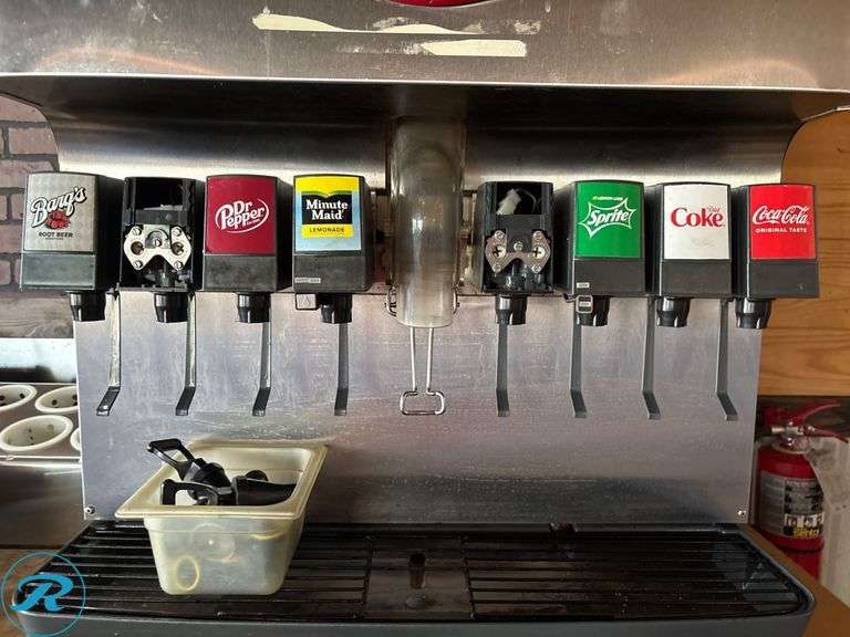 Cornelius DF250 8-Head Soda Fountain Dispenser, Includes Carbonator, Syrup Rack, and (2) CO2 tanks. - Roller Auctions