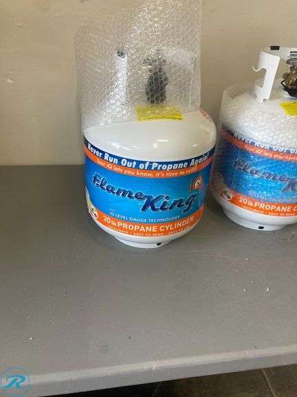 (2) New- Flame King 20lb empty LP cylinder OPD valve built in gauge steel empty propane tank - Roller Auctions