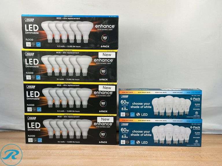 (3) Feit Electric: Led 2700K Soft White, Br30, Flood, 65w, 6-pack- New; Feit Electric: Led 5000K Daylight, Br30, Flood, 65w, 6-pack- New; (2) Feit Electric: LED 60w, 6pk- New - Roller Auctions