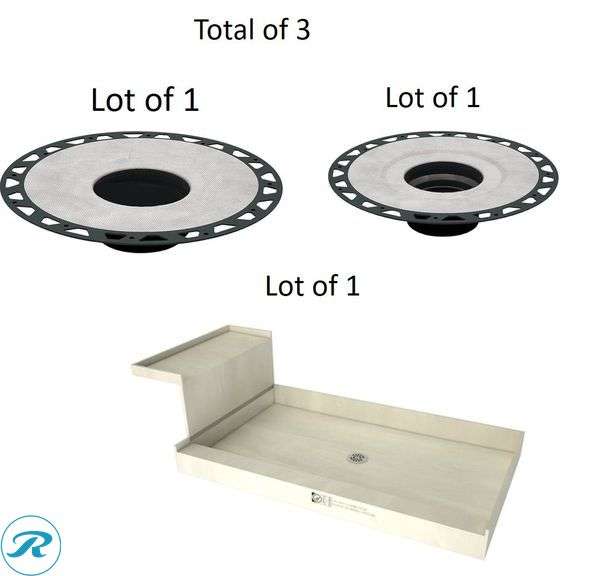 (3) New- (1) Schluter Systems Kerdi-Drain 2-in Black Round Flange (1) Schluter Systems Kerdi-Drain 3-in Grey Round Flange (1) Tile Redi 32-in W x 60-in L Center Made for Tile Single Threshold Rectangle Shower Pan Base Kit with 4.5-in H Threshold