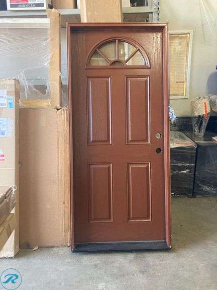 (1) Masonite 34" x 77" x 4 9/16" Fiberglass 1/4" lite left hand Inswing Foxtail painted pre hung front door with brickmold insulating code - Roller Auctions