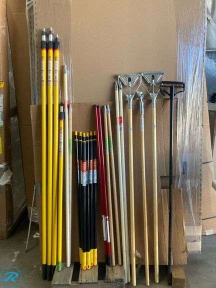 (22) New- Assorted Extension Poles Some are wood and some metal includes mop extension pole with holder - Roller Auctions