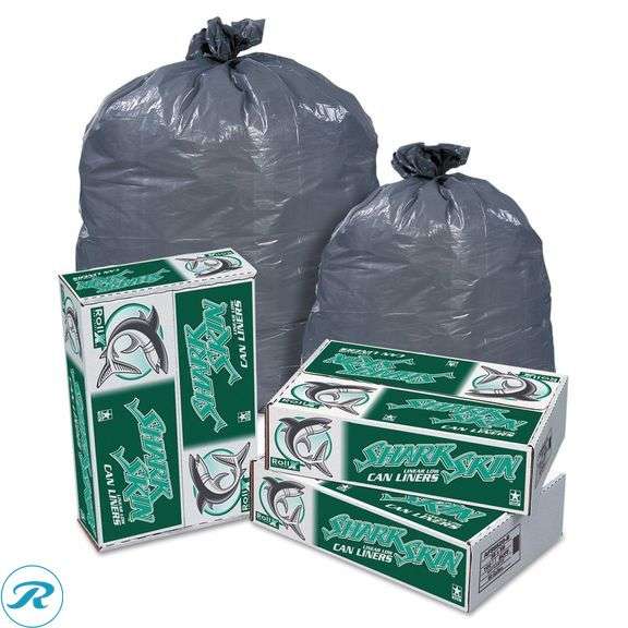 (4) Shark Skin Linear Low Density Can Liners, 60gal, 1.1 mil, 38 x 58, Gray (Case of 100) , RX653XG - New - Roller Auctions