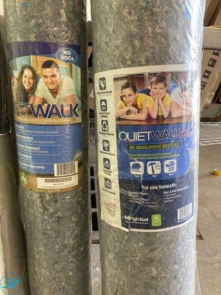 (7) New Assorted floor underlayment & rug pad (1) 100 sq ft quiet walk (1) 50 sq ft quiet walk (1) 100 sq ft protect source (2) 100 sq ft (e/ore) Sound step (1) 100 sq ft blue hawk (1) 6' x 9' rug pad - Roller Auctions