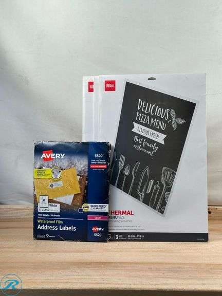 Avery® Waterproof Address Labels With Ultrahold®, 5520, Rectangle, 1" x 2-5/8", White, 1,500 Labels For Laser Printers- New; (3)Office Depot® Brand Laminating Pouches, Menu Size, 3 Mil, 11-1/2" x 17-1/2", Pack Of 15- New