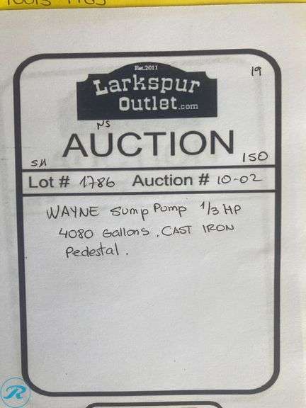 (1) New- Wayne Sump Pump 1/3 HP 4080 gallons cast iron pedestal - Roller Auctions