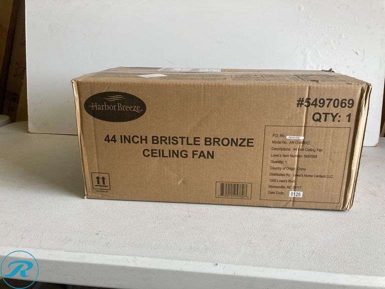 (1) New- Harbor Breeze Bristle 44-in Integrated LED Flush Mount Bronze with Oak Brown Blades Ceiling Fan With Light 5 -Blade ) - Roller Auctions