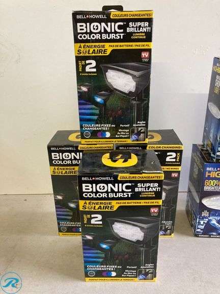 (6) New- (4)BELL + HOWELL 2 -Pack Bionic Lighting 44 -Lumens 0.5 -Watt Black Solar LED Outdoor Path Light ( 6000-K ) (2) BELL + HOWELL 1-ft 6000 Lumens Black Cool White LED Low bay Garage Shop Light - Roller Auctions