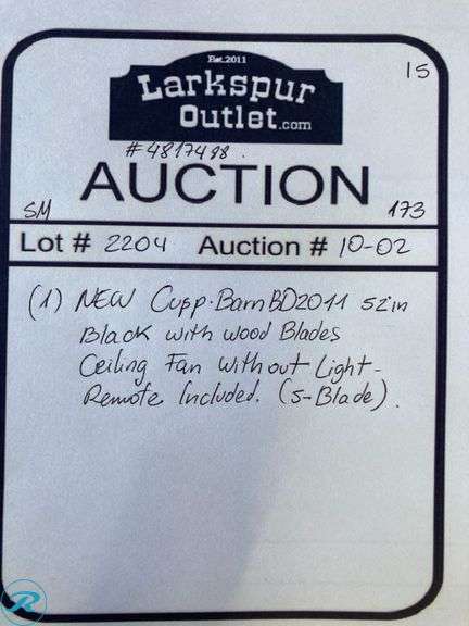 (1) New- Cusp Barn BD2011 52-in Black with Wood Blades Ceiling Fan Without Light - Remote Included ( 5 -Blade ) - Roller Auctions
