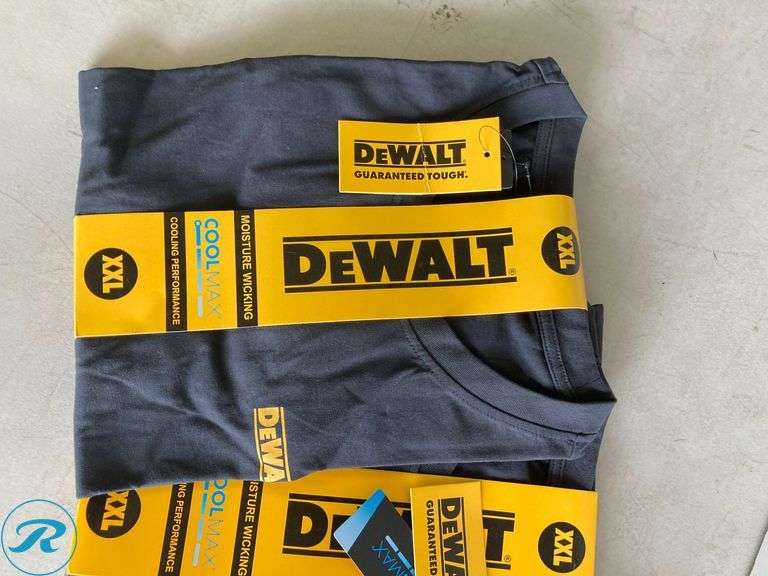 (6) New- DeWalt Mens knit short sleeve graphic t shirts (2xl) (black, grey, Green) See photos - Roller Auctions