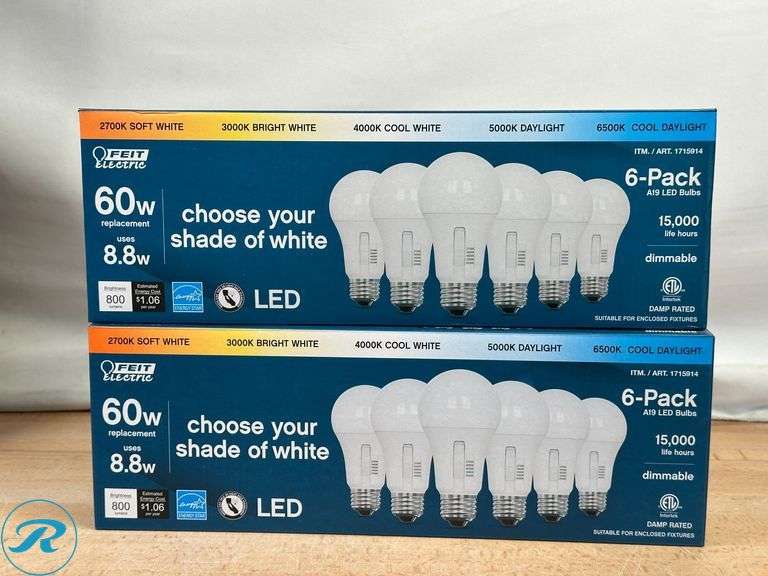 (3) Feit Electric: Led 2700K Soft White, Br30, Flood, 65w, 6-pack- New; Feit Electric: Led 5000K Daylight, Br30, Flood, 65w, 6-pack- New; (2) Feit Electric: LED 60w, 6pk- New - Roller Auctions