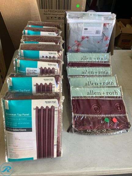 (13) New- Assorted Home Supply Includes (7) curtain panels 54" x 84" Wine Color (4) Pillow Cover 18" x 18 Wine Color (2) Shower Curtains 70" x 72" Gray with Coral flowers - Roller Auctions