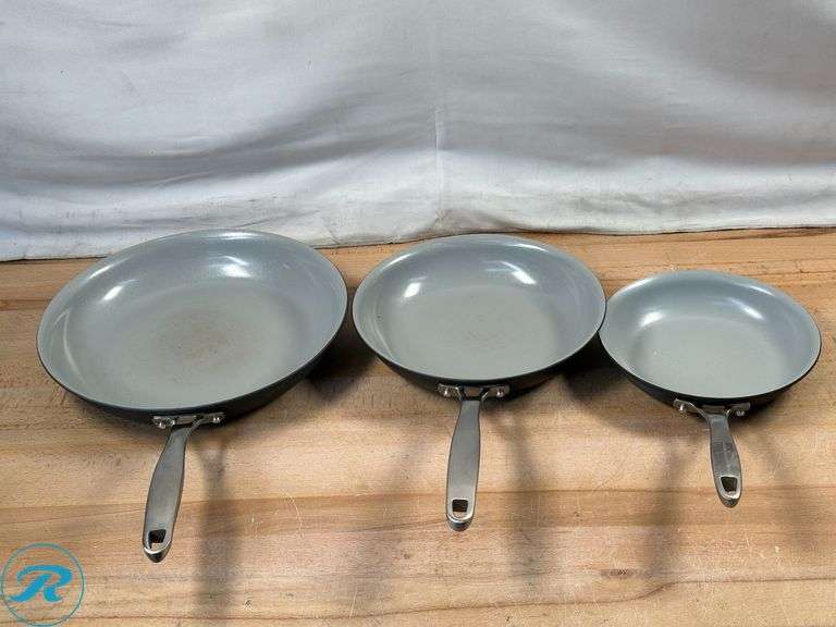 Linkfair: Stainless Steel BBQ Baskets, 2-pack- New; The Original Green Pan: 3pc Fry Pan Set- Like New; Tramontina: 3pc Fry Pan Set- Used - Roller Auctions