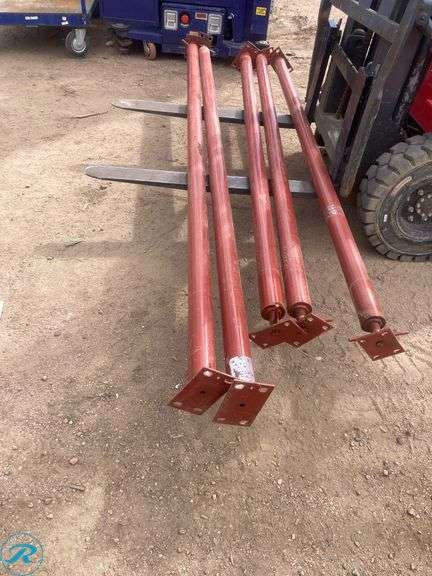 (5) New- (2) Akron adjustable steel jack post with swivel plate 96-100" 382 lbs capacity Red Finish (3) Akron Red Steel Adjustable Jack post with swivel plate 8' to 8' 4" 11200 lbs capacity - Roller Auctions
