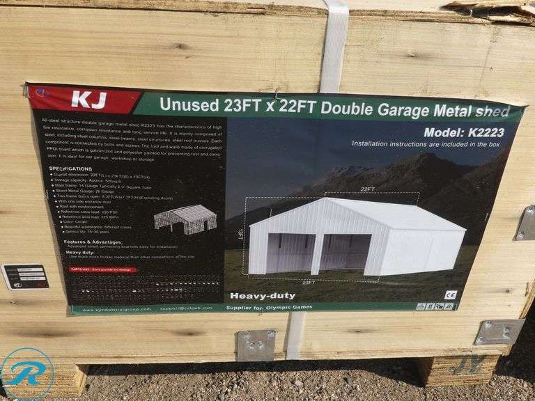 New KJ K2223 Double Garage Metal Shed, 23' x 22' x 13' High - Roller Auctions