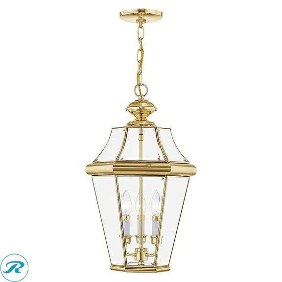 (1) New- Livex Lighting Georgetown 3 -Light Polished brass Traditional Beveled glass Lantern Medium Outdoor Hanging Pendant light - Roller Auctions