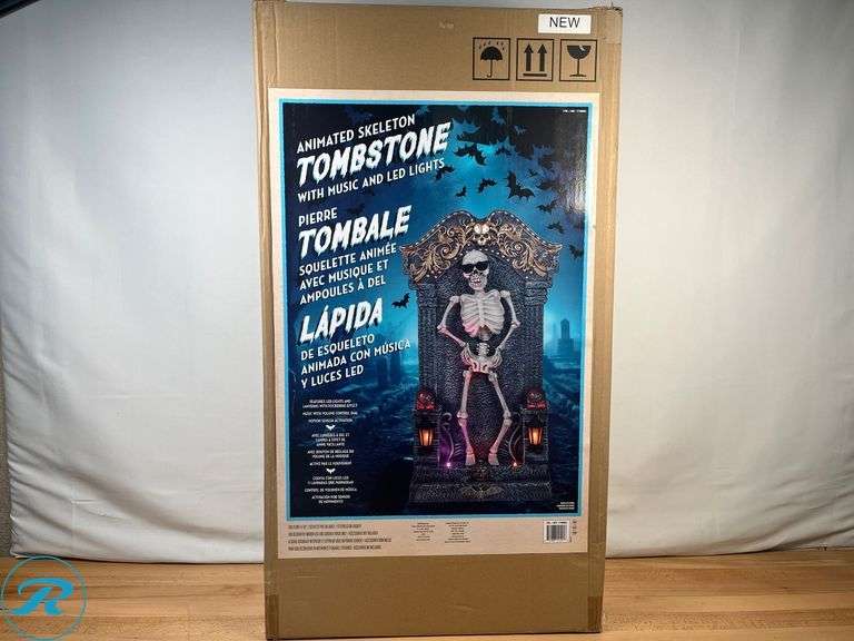 Animated Skeleton Tombstone 3ft W/ Music & LED Lights - New - Roller Auctions