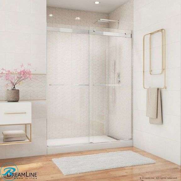 (1) New- DreamLine Essence Matte Black 56-in to 60-in W x 76-in H Frameless Clear Glass Bypass Sliding Shower door