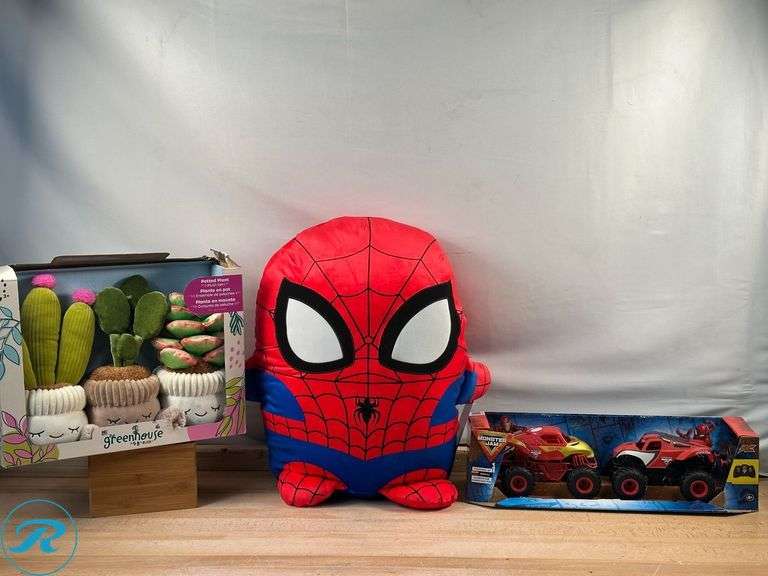 Greenhouse by Russ: 12 Inch Plush Plants, 3-pack- New; Spider-Man: Marvel 20” Plush- New; Monster Jam: Superhero 1:24 Scale RC, 2-pack- New