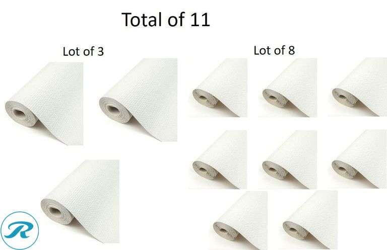 (11) New- (3) Scott Living 56.4-sq ft White Vinyl Paintable Textured Abstract 3D Prepasted Water Activated Paste Wallpaper (8) Scott Living 56.4-sq ft White Vinyl Paintable Textured Abstract 3D Prepasted Water Activated Paste Wallpaper - Roller Auctions