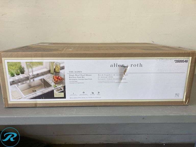 (1) New- allen + roth Alden Drop-in or undermount 33-in x 22-in Stainless steel Single bowl 18 -Gauge Kitchen Sink All-in-One Kit - Roller Auctions
