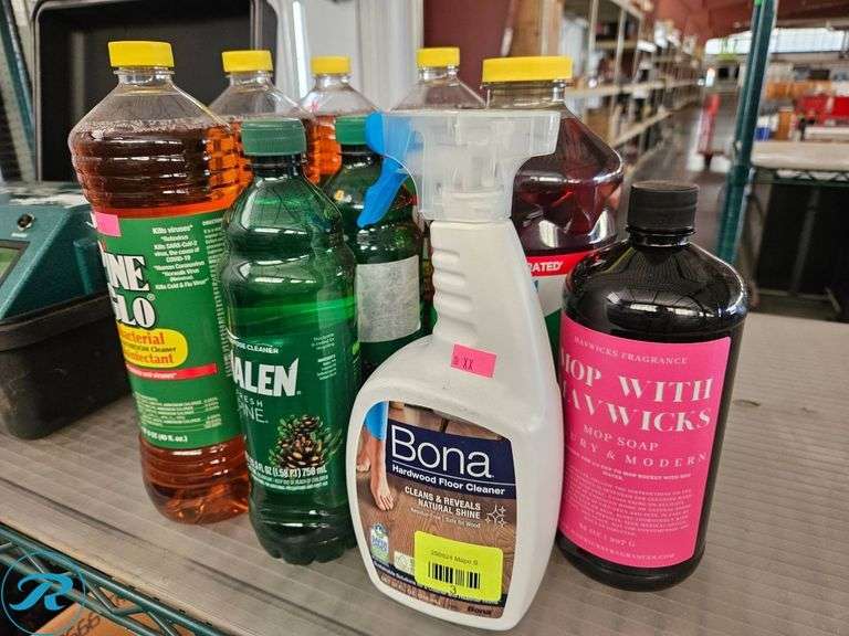 Cleaning Solutions Including Bona, Pine-Glo, Pine-Sol, and Mop with Mawwicks