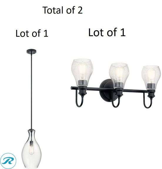 (2) New- (1) Kichler Everly 1 -Light Black Modern/contemporary Clear glass Bell Small Hanging Pendant light (1) Kichler Greenbrier 23.75-in 3 -Light Black Transitional Vanity light - Roller Auctions