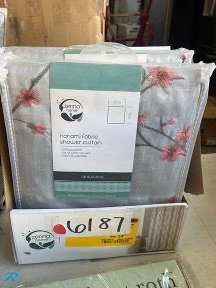 (13) New- Assorted Home Supply Includes (7) curtain panels 54" x 84" Wine Color (4) Pillow Cover 18" x 18 Wine Color (2) Shower Curtains 70" x 72" Gray with Coral flowers - Roller Auctions