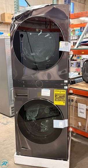 LG Wash Tower Single Unit ELECTRIC with Center Control 4.5 cu. ft. Front Load Washer and 7.4 cu. ft. Dryer with Turbo Steam, Retail $1,799 - New/SALVAGE/Heavily Damaged/Powers On
