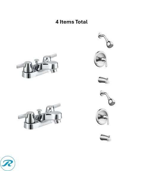 "(4-Items Total) (2) New- Project Source Rutland Chrome 4-in centerset 2-handle WaterSense Low-arc Residential Handle Bathroom Sink Faucet with Drain,(2) New- Project Source Dover Chrome 1-handle Single function 2.75-in Round Bathtub and shower Faucet ( Valve Included )"