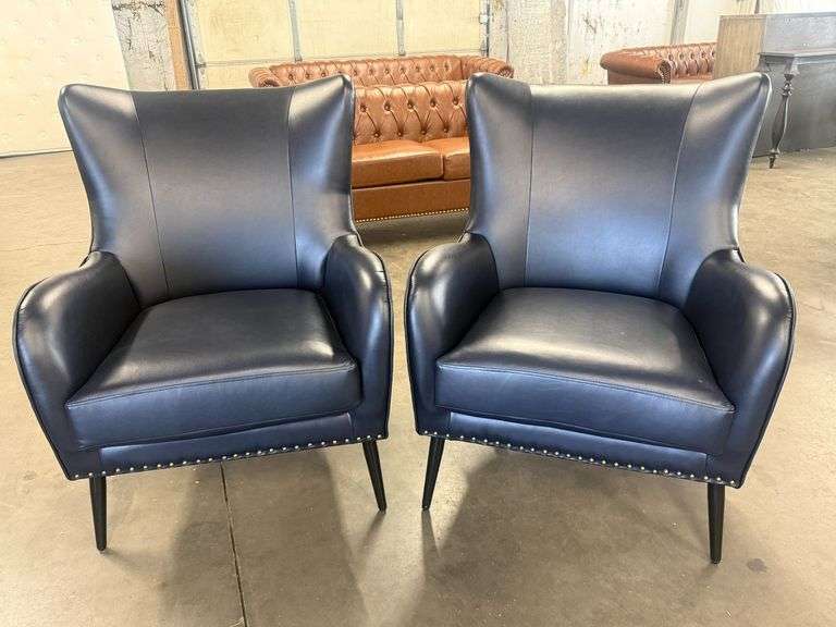 (2) Black Faux Leather Wingback Arm Chairs