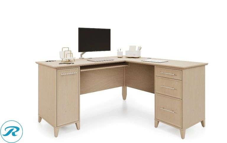 Realspace: Koru 60"W L-Shaped Corner Computer Desk With Integrated Power & Charging, Natural Oak- New/ Open Box