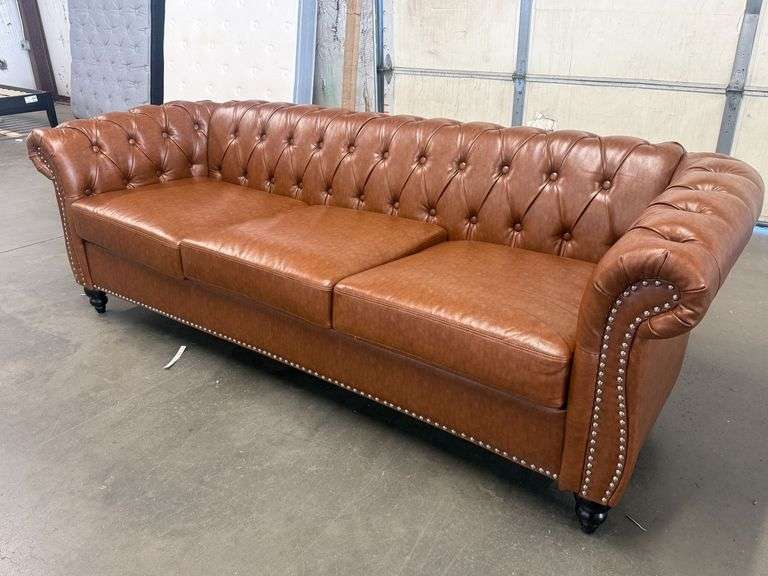Chesterfield Style Tufted Brown Leather Like Sofa With Rolled Arms And Nailhead Trim, 82in