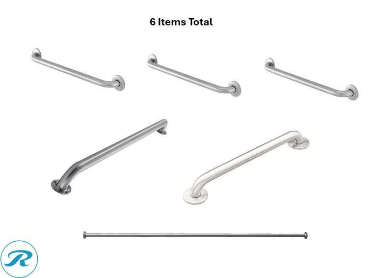 "(6-Items Total) (3) New- Project Source Concealed Screw 24-in Stainless Wall-mount ADA Compliant Grab Bar ( 500-lb Weight Capacity ), (1) New- Project Source Exposed Screw 42-in Stainless steel Wall-mount ADA Compliant Grab Bar ( 500-lb Weight Capacity ), (1) New-Moen Home Care 24-in Stainless steel Wall-mount ADA Compliant Grab Bar ( 500-lb Weight Capacity ), (1) New- Project Source 60-in to 60-in Stainless steel Fixed Single straight Shower Curtain Rod"