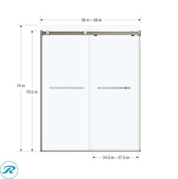 New- MAAX Duel Brushed Nickel 56-in to 58-1/2-in W x 74-in H Frameless Clear Glass Bypass Sliding Shower door , (Box Have Damage But Product Its In Perfect Condition )