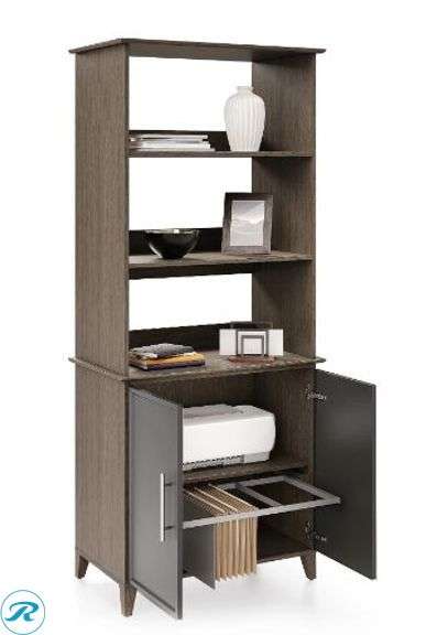 Realspace® Koru 72"H 3-Shelf Bookcase With Printer Shelf & File Storage, Two-Tone Slate/Gray Oak, BIFMA Compliant - New/Damaged Box On Side