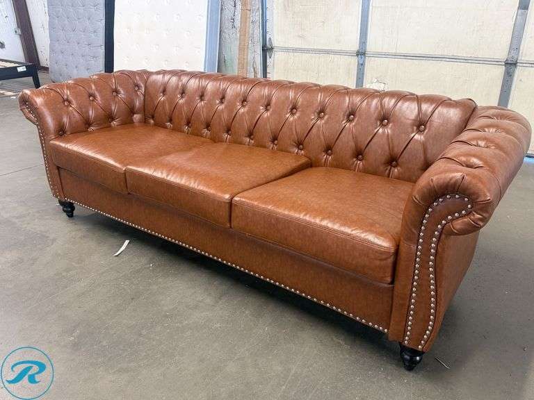 Chesterfield Style Tufted Brown Leather Like Sofa With Rolled Arms And Nailhead Trim, 82in