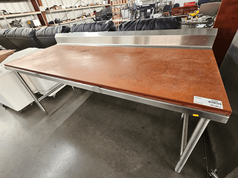 Stainless Steel Prep Table With Wood Top And Integrated Backsplash