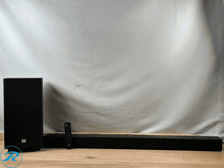JBL: Cinema SB595 3.1.2 Ch Soundbar and Wireless Subwoofer- Used/ Chipped/ Subwoofer won't connect to Soundbar